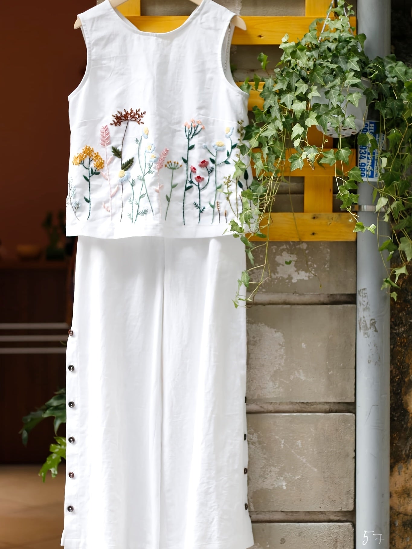 Women'S Elegant Summer Embroidered Jumpsuit - Vibrant Orange, Sleeveless with Floral & Butterfly Design, Wide-Leg Pants, Casual Attire for Spring/Summer, Casual Attire|Butterfly Embroidery|Elegant Jumpsuit