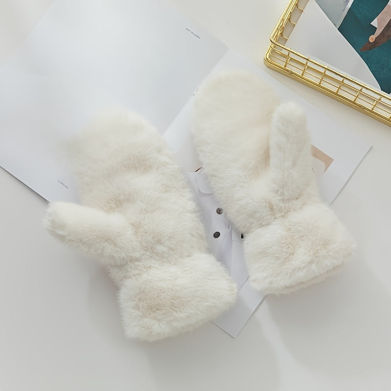 1 Pair Women’s Cozy Faux Fur Mittens - Thick, Warm & Soft Beige Winter Gloves for Outdoor Activities, Hand Washable Polyester