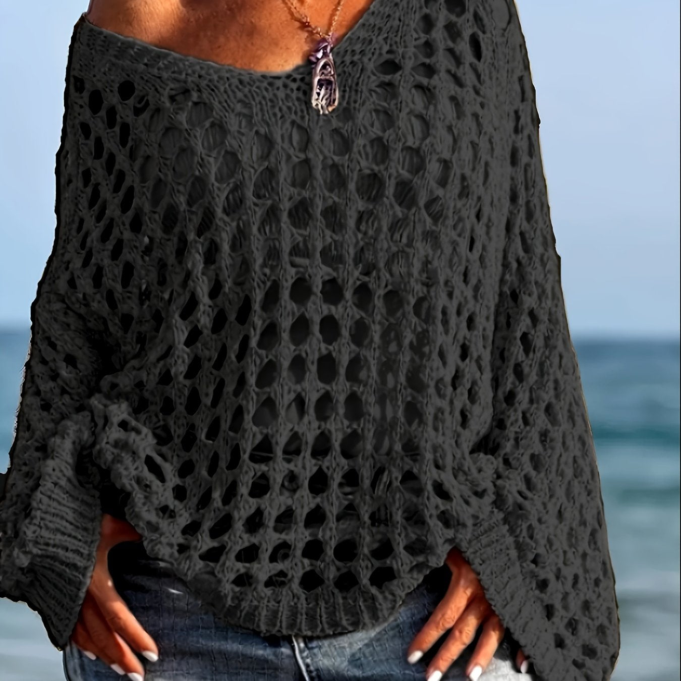 [Beach-Ready] Women's Crochet Knit Top | Long Sleeve | Polyester | Breathable | Casual | Spring & Summer