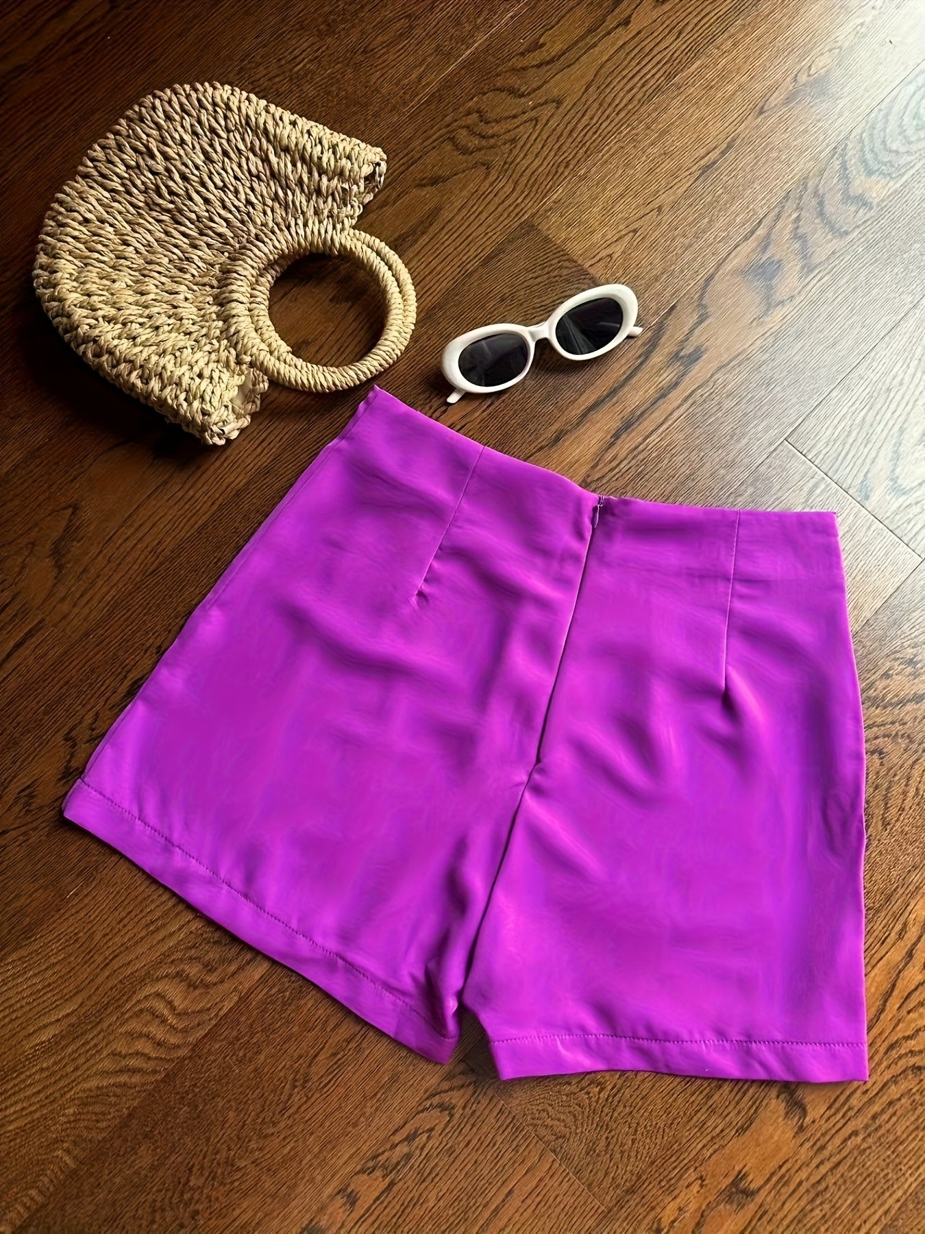 Women'S Elegant V-Neck Sleeveless Crop Top & High-Waisted Shorts Set - Vibrant Fuchsia Polyester with Button Detail, Golden Chain Strap & Clutch for Spring/Summer Casual Vacation Outfits, Vacation Outfit | Stylish Button Deta
