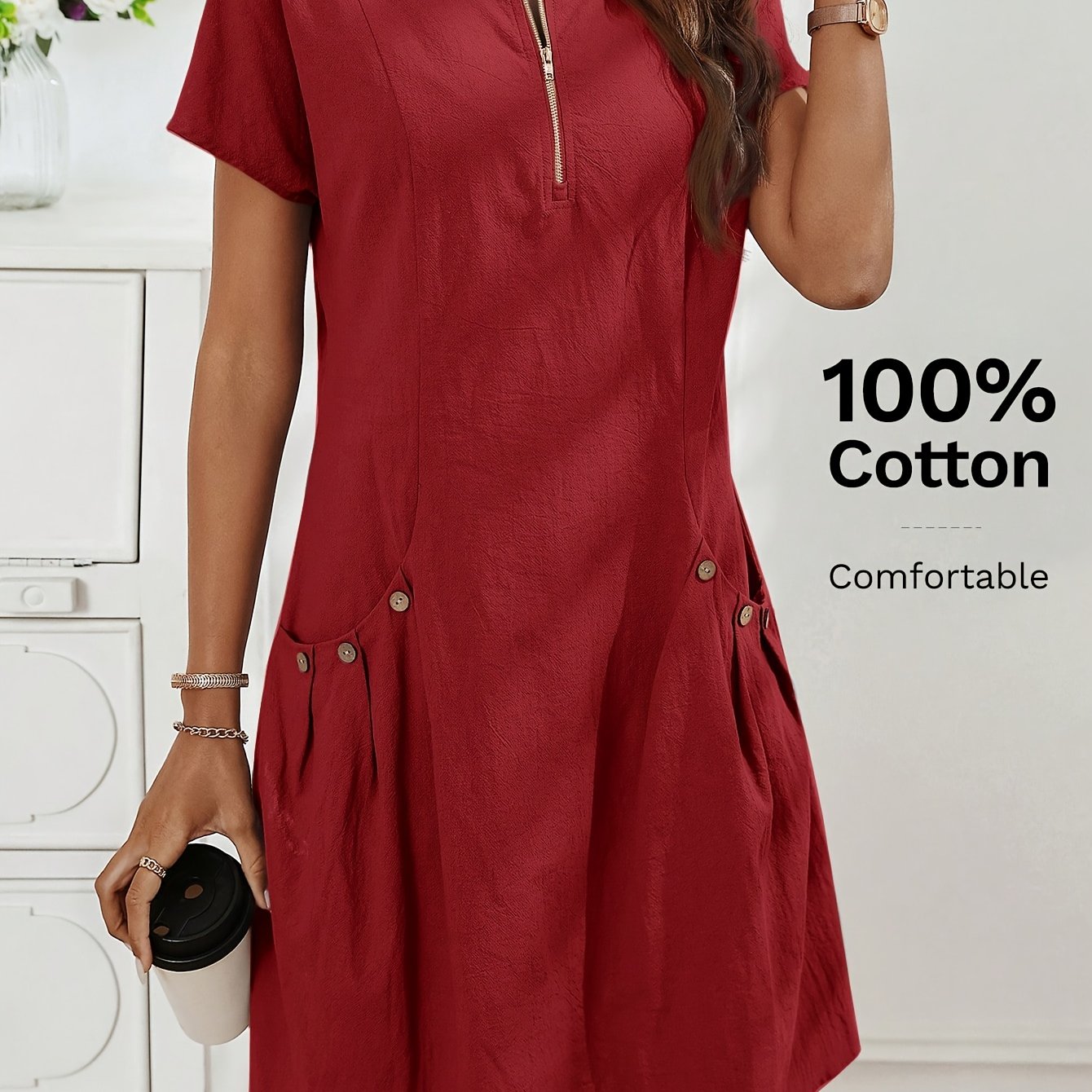 Women's Light Pink Summer Casual Dress with Zipper Half Placket, Button Decor & Double Pockets - Elegant Loose Fit for Spring/Summer, Cute Summer Dresses