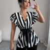 Women's Elegant Striped V-Neck Blouse with Belt - Black & White Vertical Stripes, Ruffled Sleeves, Cinched Waist, Machine Washable Polyester - Spring/Summer Fashion Top, Spring Summer Top | Waist Belted Top | Glossy Texture,