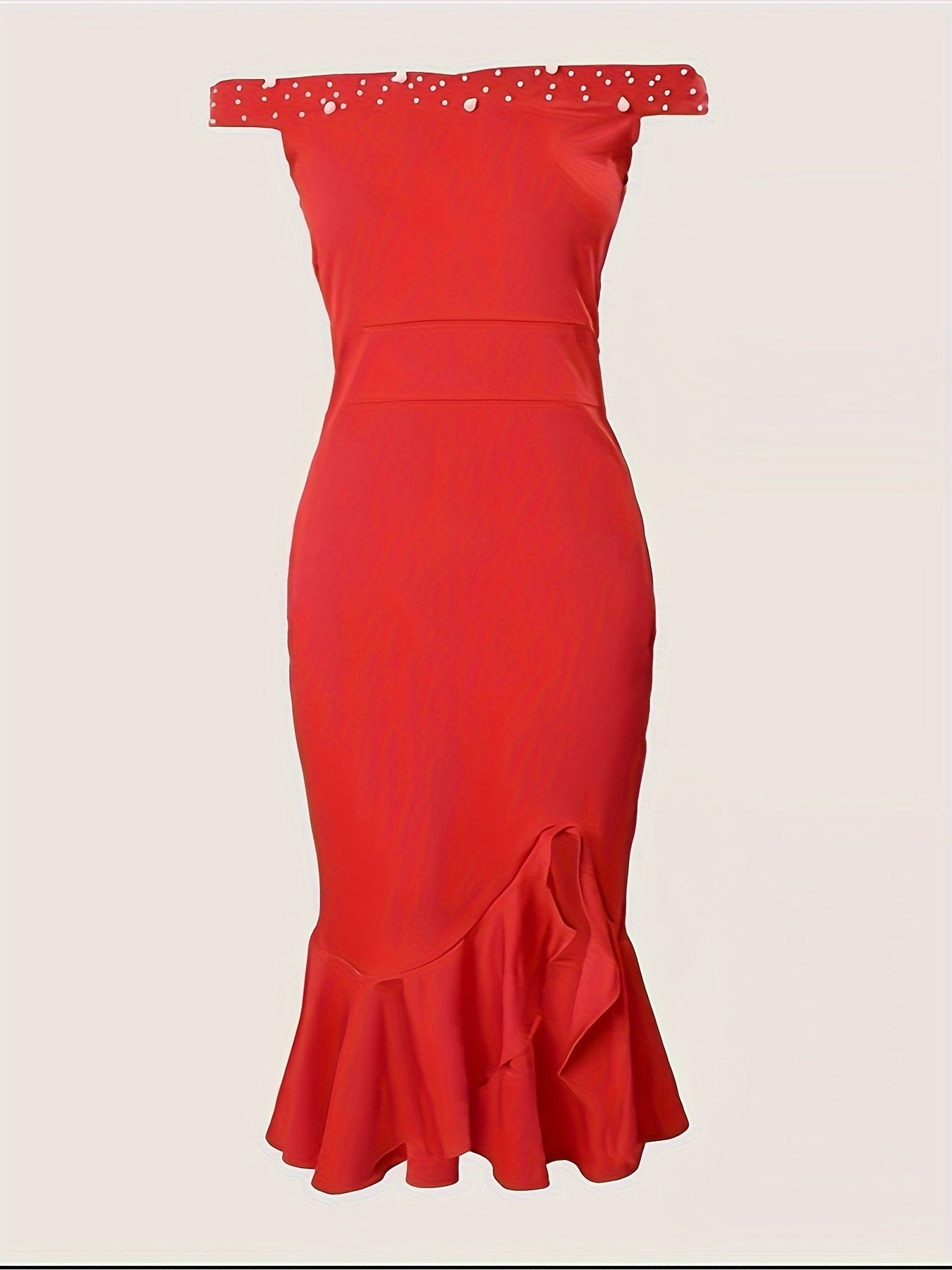 Beaded Asymmetrical Ruffle Hem Dress - Elegant Off Shoulder Solid Bodycon Dress - Polyester - For Women - Perfect for Parties & Banquets - Ideal Gift for Special Occasions