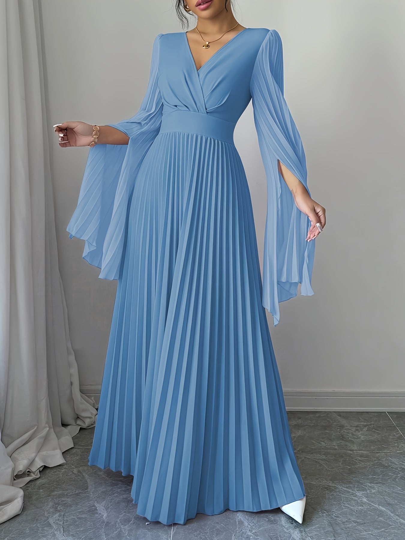 Elegant V-Neck Ruffle Sleeve Maxi Dress - Deep Red, Long Flowing Gown with Puffy Sleeves, Perfect for Parties & Formal Events, Formal Attire|Ruffle Detail|Vneckline