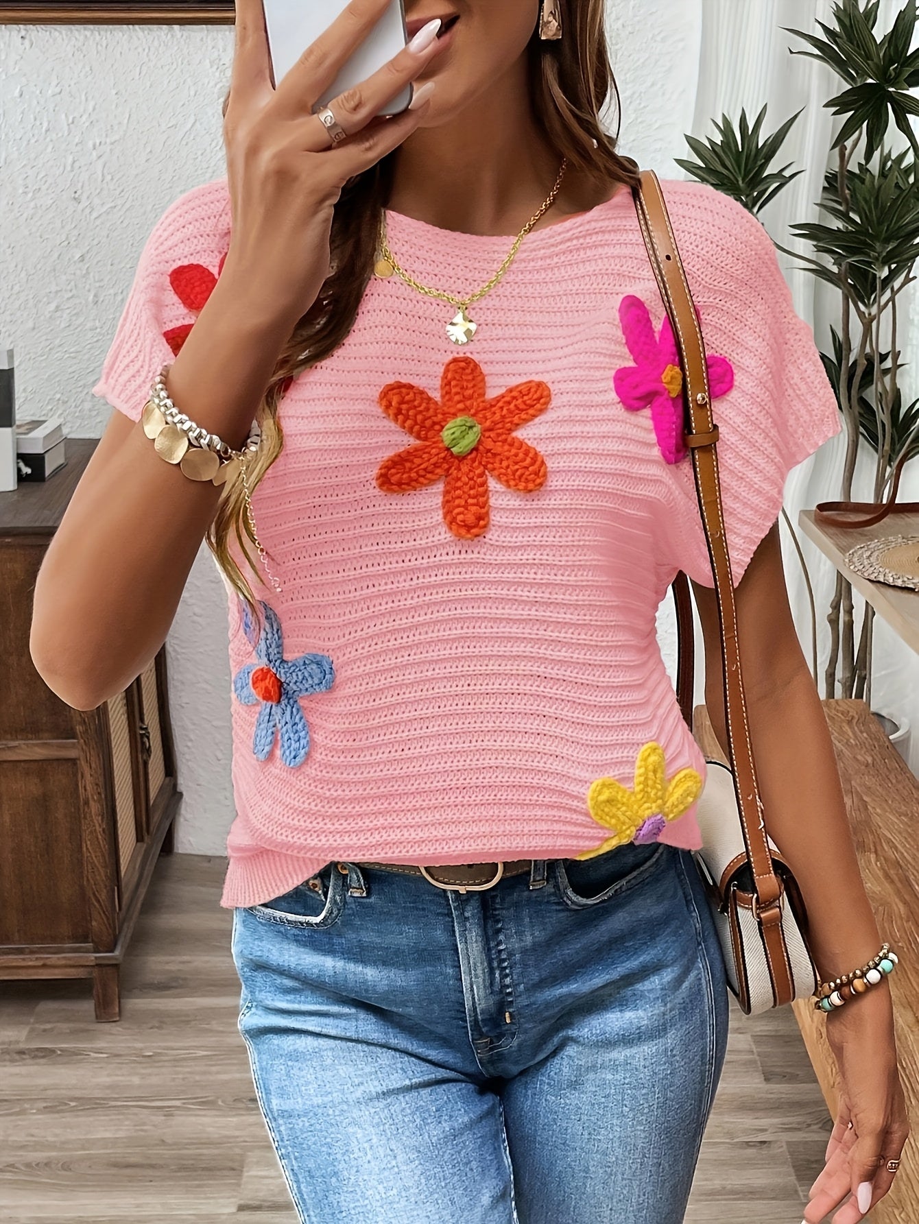 Women'S Elegant Viscose Floral Top - Colorful 3D Crochet Design, Short Sleeve, Round Neck, Casual Summer Blouse with Floral Embroidery, Casual Summer Top|Floral Embroidery Top|Viscose Fabric