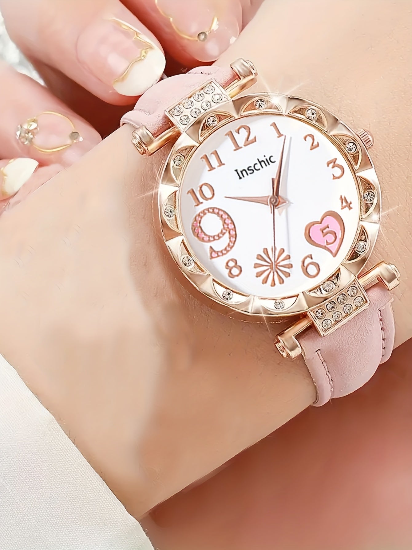 6pcs Elegant Faux Leather & Rose Golden Accessory Set - Heart-Shaped Watch, Bracelet, Necklace, Earrings with Pink Rhinestones - Perfect Mother'S Day Gift for Moms, Everyday Style, Everyday Accessory Set|Fashionable Gift Set|