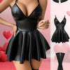 A Black Leather Dress Ensemble for Women, Featuring a Seductive Design, Stockings, And a Neck Accessory. This Alluring Outfit Is Both Comfortable And Breathable, Making It Ideal for Any Season.