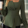 Elegant Asymmetrical Hem Blouse for Women, Solid Color Long Sleeve Polyester Shirt with Conventional Collar and Puff Sleeves, Woven Spring/Fall Top, Autumn Fashion|Asymmetrical Hemline|Quality Weave
