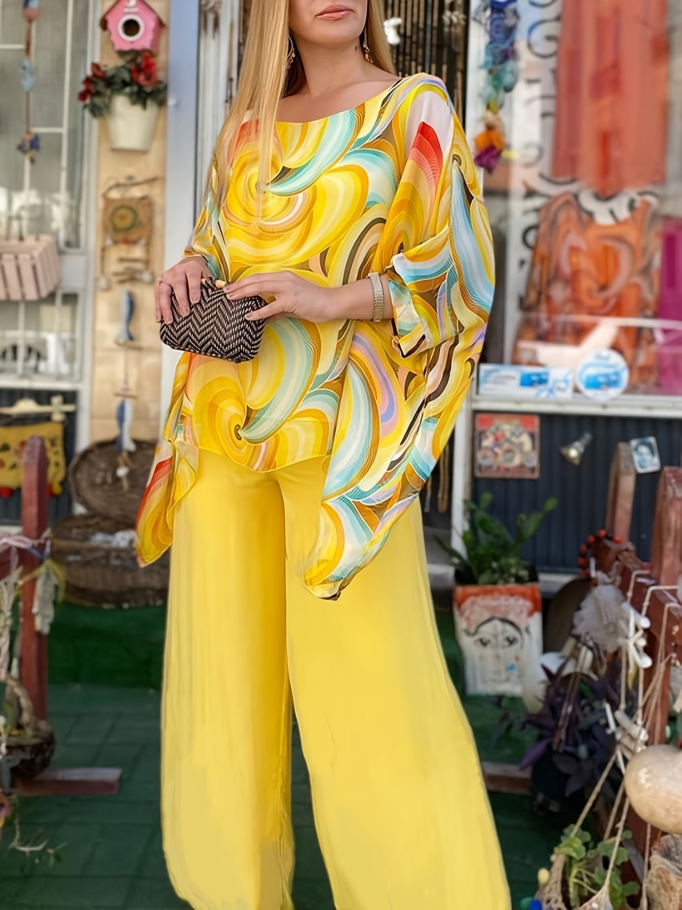 Women'S Vibrant Yellow & Multicolor Swirl Print Two-Piece Set - Loose-Fitting Long Sleeve Top & Wide-Leg Pants, Casual Spring/Summer Outfit, Polyester Blend, Casual Wear|Vibrant Print Top|Polyester Fabric
