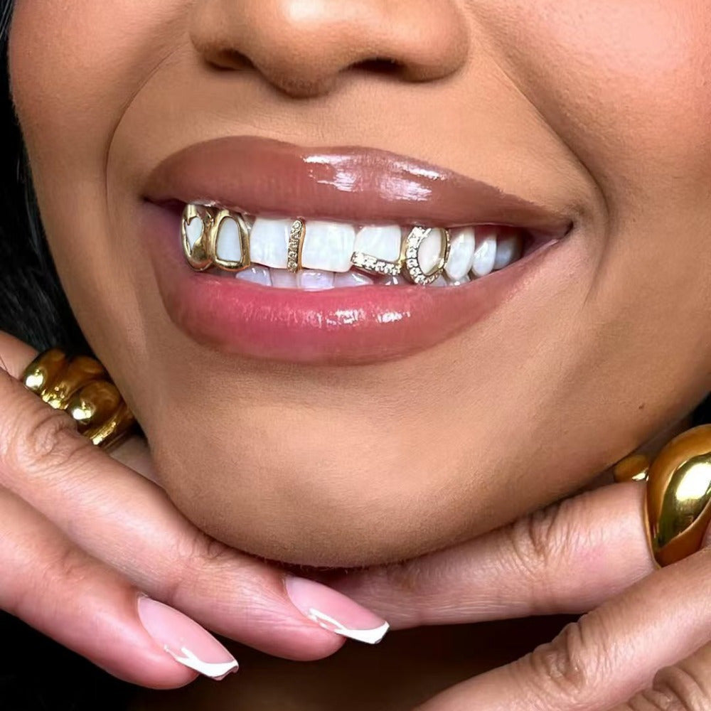 3pcs Fashion Personality Hip Hop Jewelry Copper Inset Zirconia Hollow Golden Teeth Grillz Out Cool Gift for Men and Women Valentine'S Day Carnival Mother'S Day Father'S Day Special Gifts