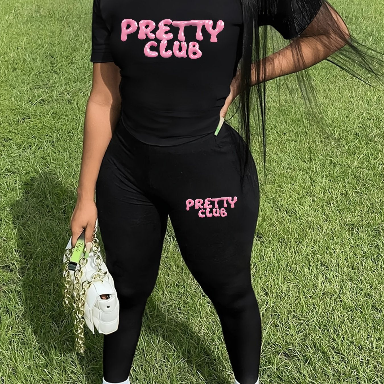 Pretty Club Women's Casual Two Piece Set with Alphabet Print - Crew Neck Short Sleeve Top and Long Pants - Polyester Knit Fabric, 92% Polyester 8% Elastane - For Women - Suitable for Spring, Summer, Autumn, Winter - Perfect f