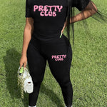 Pretty Club Women's Casual Two Piece Set with Alphabet Print - Crew Neck Short Sleeve Top and Long Pants - Polyester Knit Fabric, 92% Polyester 8% Elastane - For Women - Suitable for Spring, Summer, Autumn, Winter - Perfect f