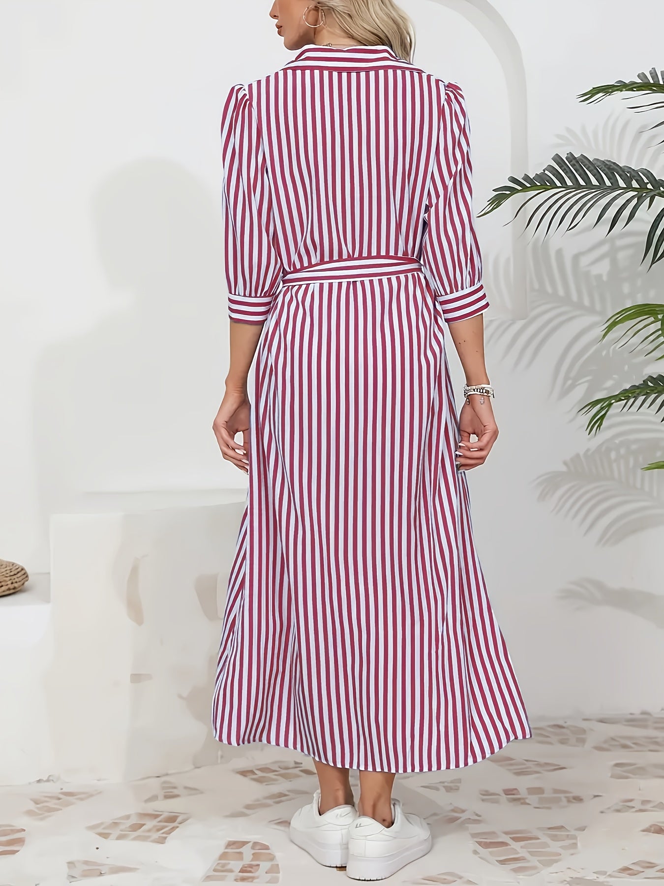 Elegant Long Sleeve Striped Shirt Dress with Waist Tie - Casual Commute Fashion for Women, All-Season Comfort, Three-Quarter Sleeve, Button-Up, Casual Attire | Stylish Casualwear | Polo Collar Dress