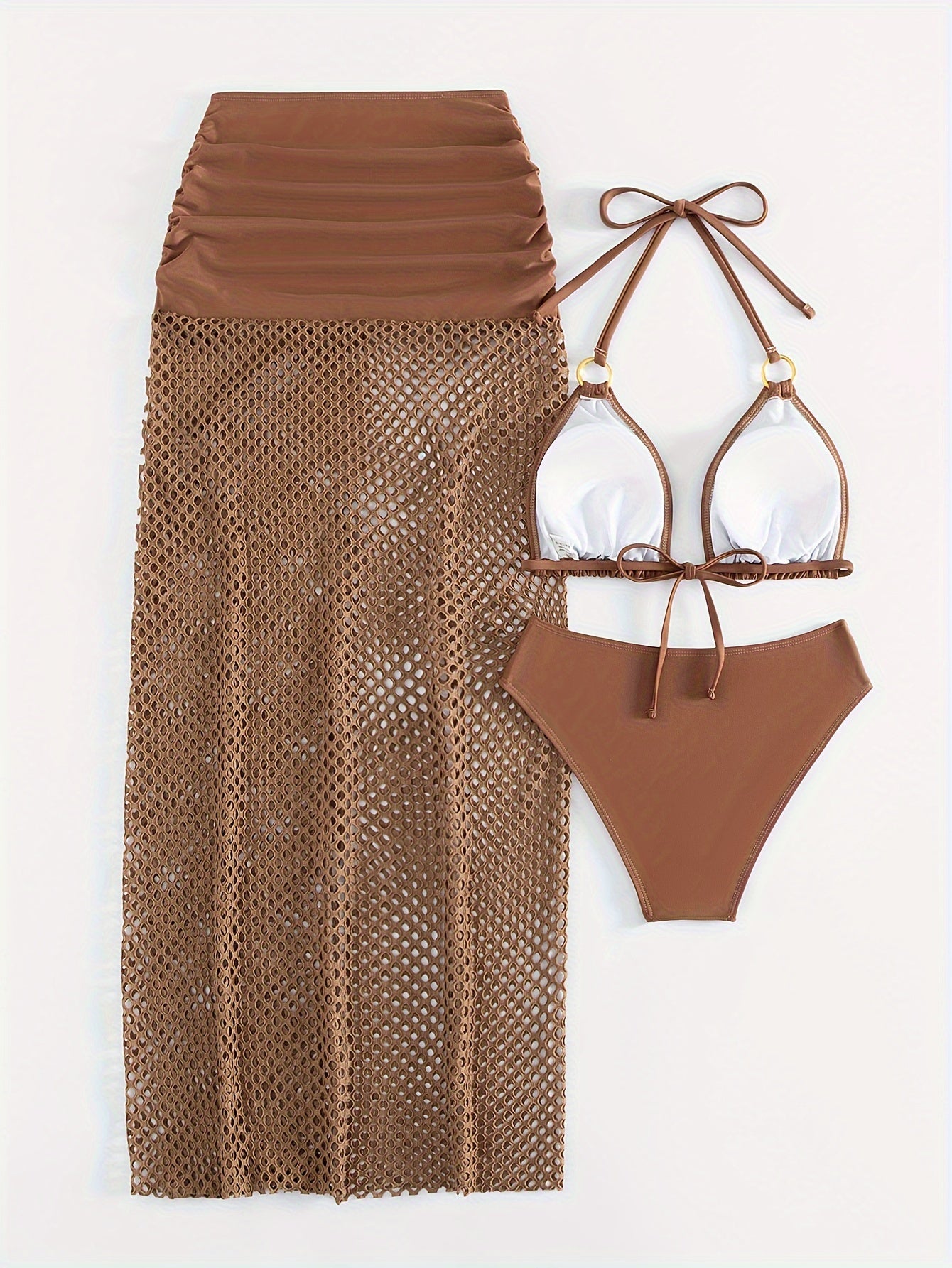 Chic Women's 3pcs Summer Beach Set: Sexy Halter Neck Bikini with High-Waisted Bottoms & Sheer Mesh Cover-Up Skirt - Stretchy Polyester/Spandex Blend, Machine Washable