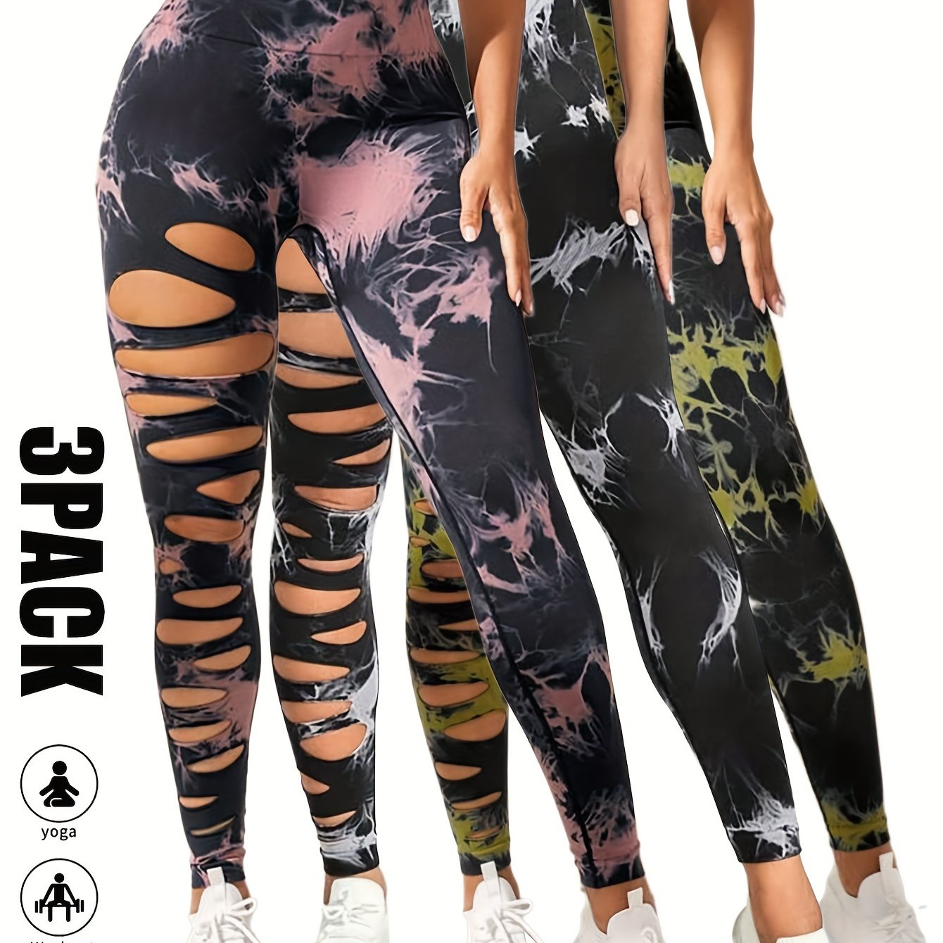 [3 Pack High Waist Yoga Leggings] 3 Pack Women's Tie Dye Cutout Tights High Waist Workout Yoga Leggings, Scrunch Butt Lifting Elastic Pants, Womens High Waist Yoga Pants Cutout Ripped Tummy Control Workout Running Yoga Skinny
