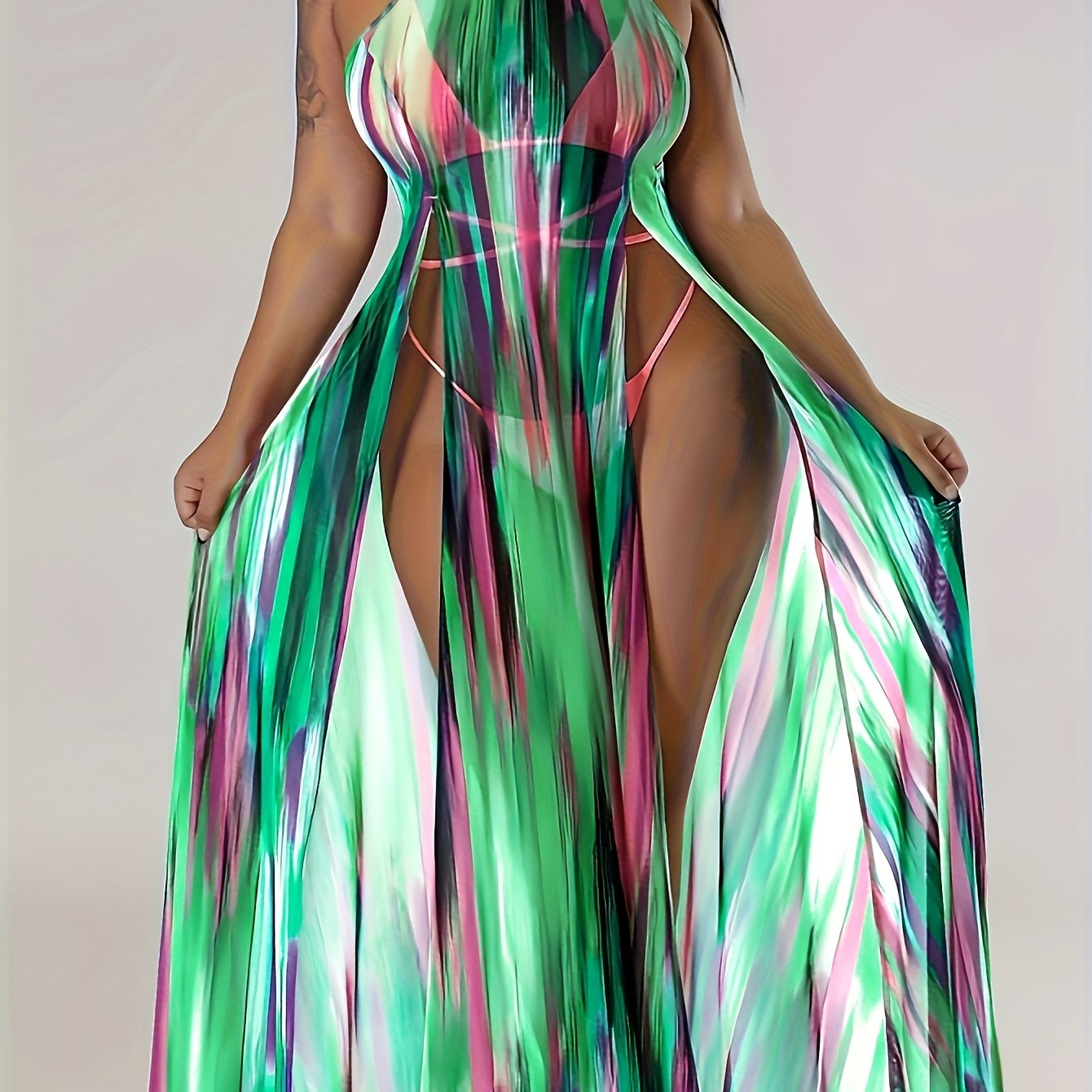 Plus-Size Sexy Sheer Split Sleeveless Beach Cover-Up Dress