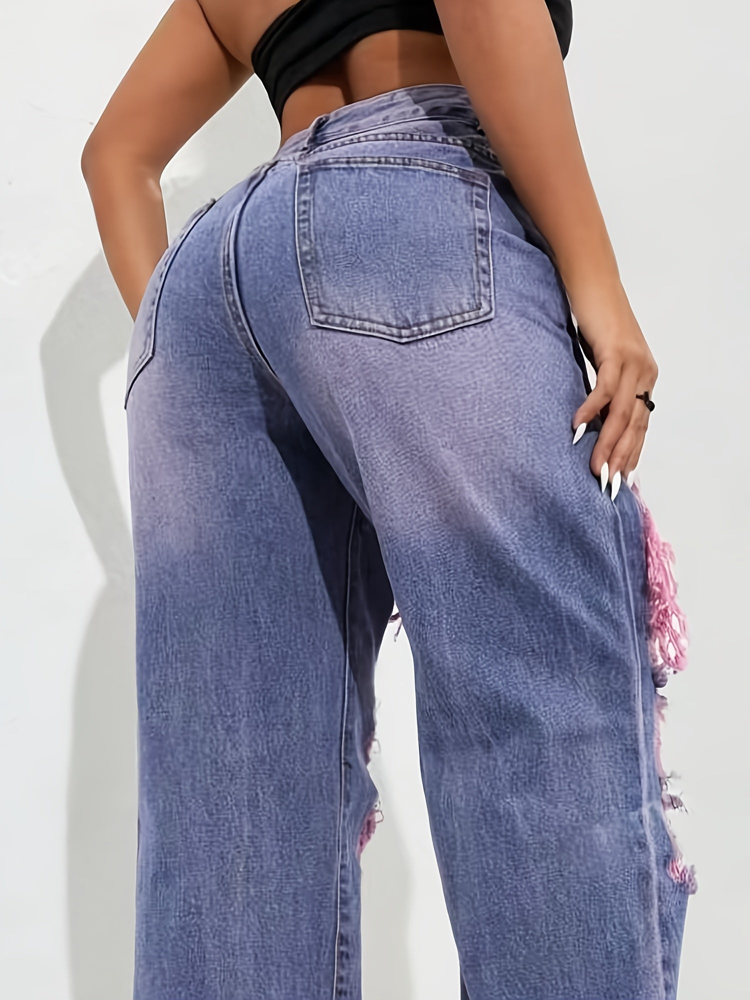 Women's Ripped Jeans - Wide Leg Casual Flared Pants, Butterfly Design, Stretch Fabric, Comfortable Fit, Suitable for All Seasons