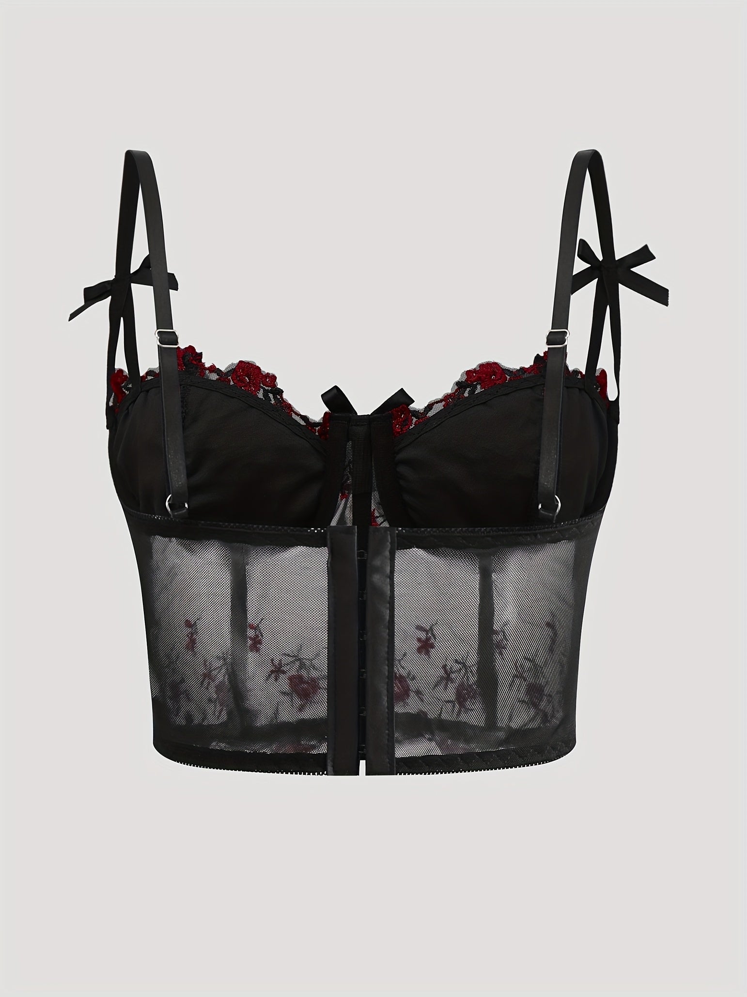 Elegant Black & Red Rose Floral Lace Embroidered Corset Top - Sexy Low-Cut V-Neck Fishbone Mesh Bustier with Adjustable Straps for Women, Perfect for Spring/Summer/Fall, Autumn Clothing | Floral Embroidery | Rose Pattern Desi