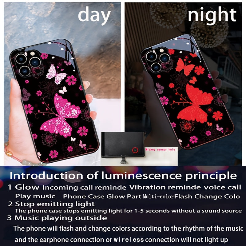 Butterfly Dancing with Flowers Colorful Smart Voice Controlled Luminous Phone Case Suitable for 16promax/15promax/14promax/13promax/12promax/11promax/XSmax/7G Smart Luminous Voice Controlled Phone Case - Luminous Technology,