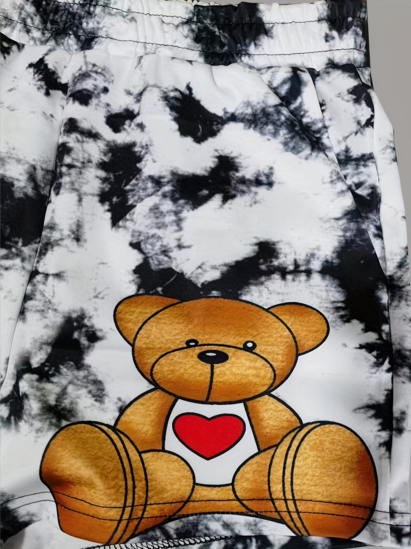 Cartoon Bear Print Two-piece Set, Drawstring Short Sleeve Tee & Elastic Waist Shorts Outfits, Women's Clothing