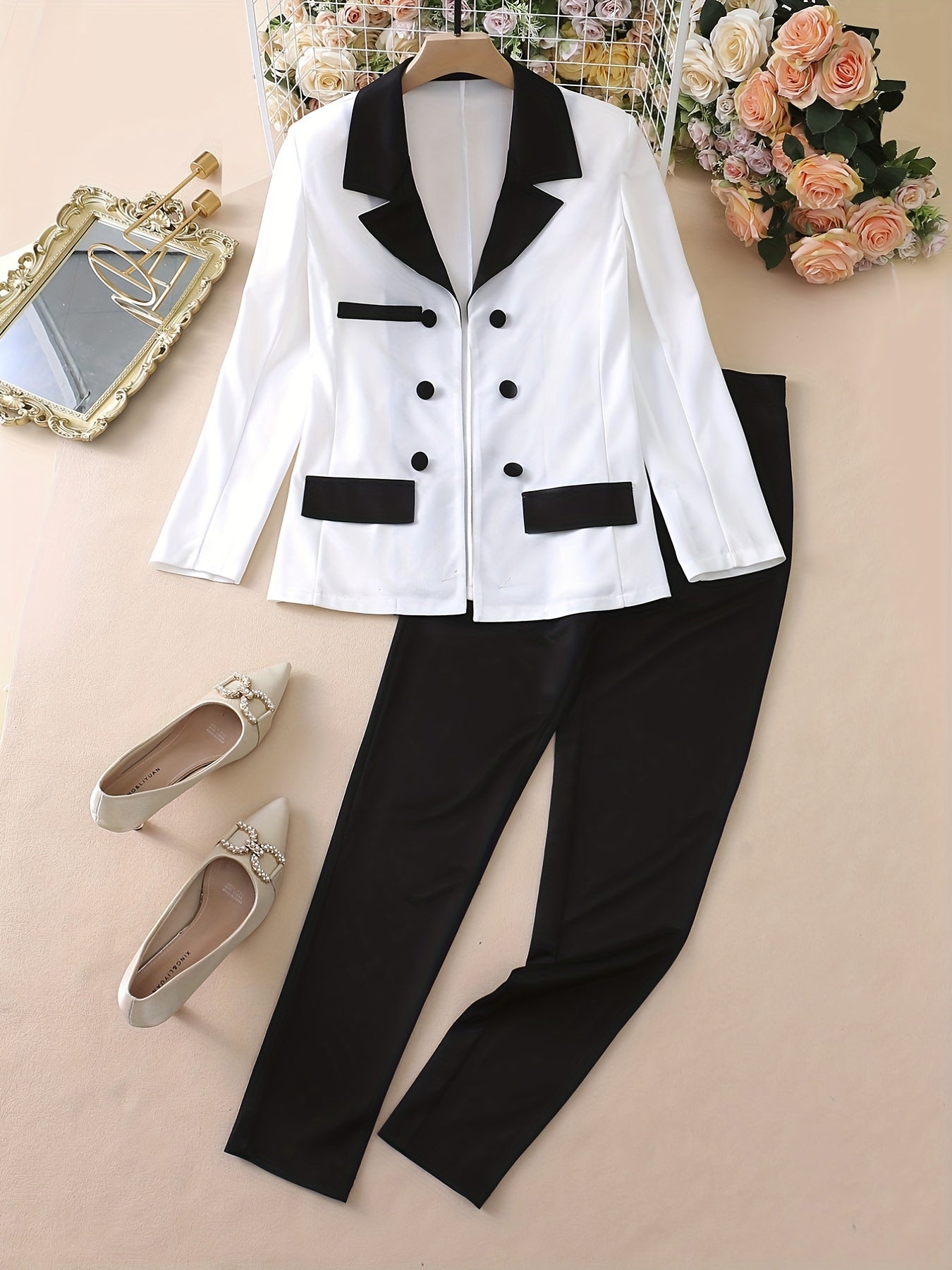two-piece Color Block Blazer & Straight Leg Pant Set for Women, Casual Button-Front Blazer & Pants Outfit