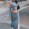 Two-Piece Stylish Solid Slim Set - Crop Backless Hooded Top with Adjustable Straps, Split Hem Skirt Outfit for Women, Chic Casual Wear for Daily Life, Party, or Outdoor Activities