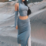 Two-Piece Stylish Solid Slim Set - Crop Backless Hooded Top with Adjustable Straps, Split Hem Skirt Outfit for Women, Chic Casual Wear for Daily Life, Party, or Outdoor Activities