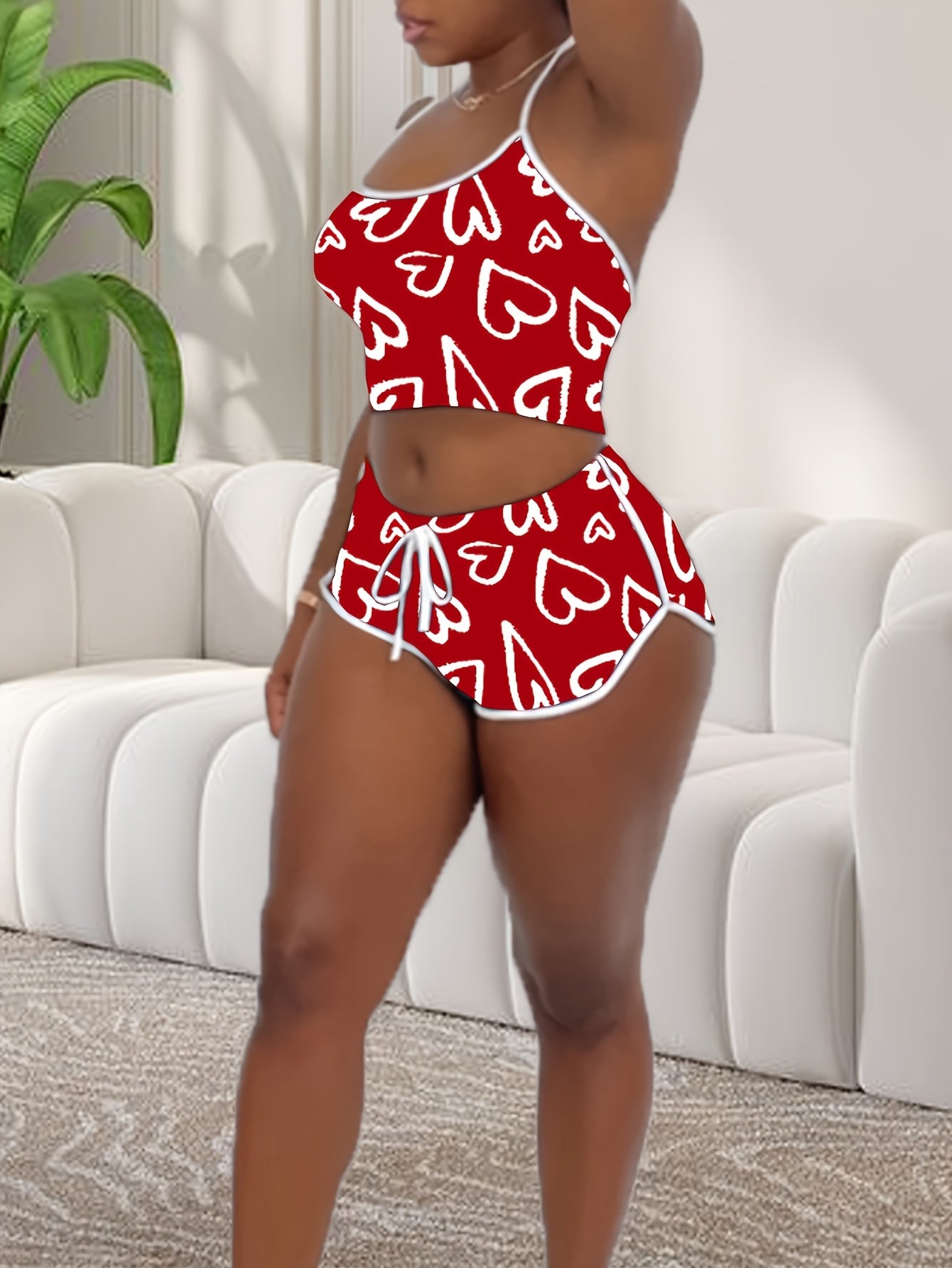 Women's Love Print Contrast Stitching Camisole Romper Set