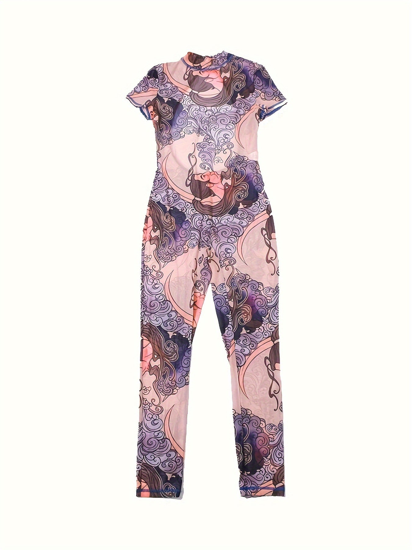 Allover Print Mock Neck Mesh Jumpsuit, Sexy Cutout Back Short Sleeve Skinny Jumpsuit For Summer, Women's Clothing