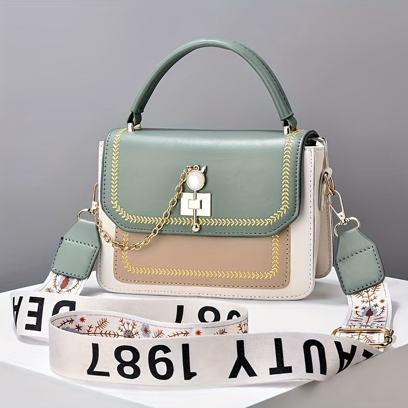 Stylish Two-Tone Chic Womens Handbag - Fashionable Crossbody Purse with Adjustable Printed Strap, Spacious Interior, and Durable PU Material - Zipper Closure, Edge Painted, and Polyester Lining for a Chic Look