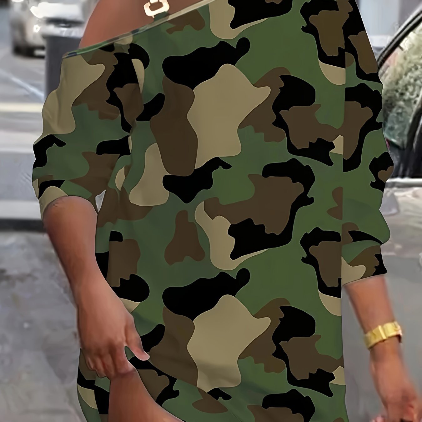 Plus Size Camo Print Chain Accent Dress - Fashionable Cold Shoulder Style - Comfortable Long Sleeves for Spring & Fall - Curvy Womens Clothing