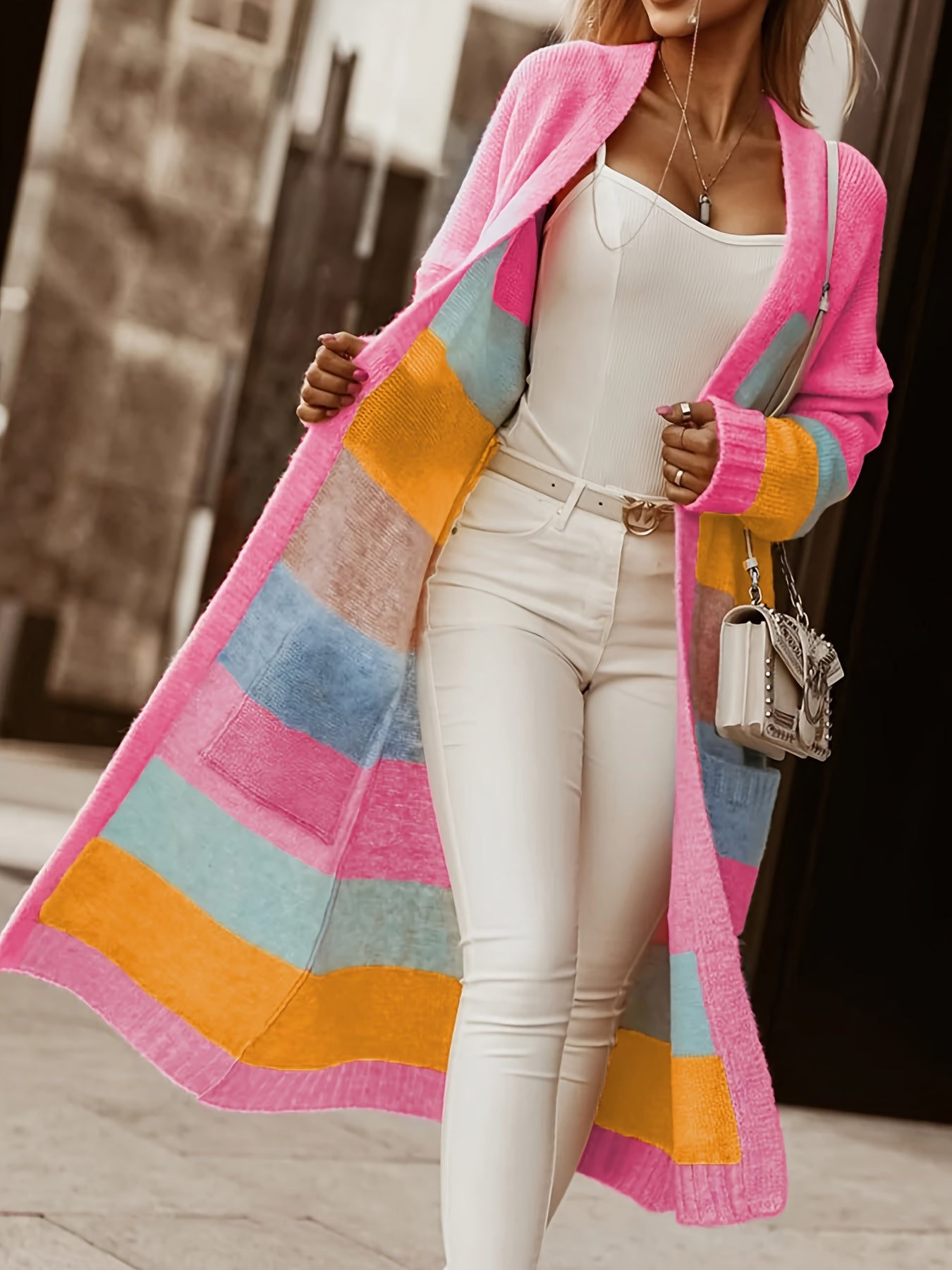 Color Block Open Front Cardigan, Casual Drop Shoulder Patched Pocket Long Sleeve Rib Knit Striped Cardigan, Women's Clothing