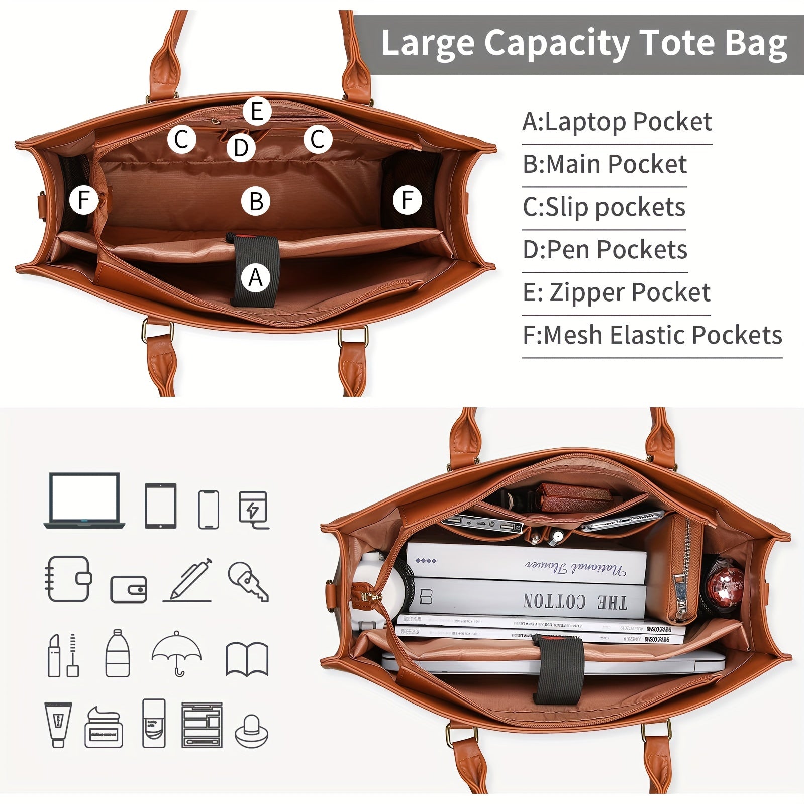 NEWHEY Women's Laptop Briefcase 15.6-inch Laptop Tote High Quality Computer Handbag Business Lightweight Office Briefcase Large Capacity Tote Shoulder Bag with Scarf, Brown