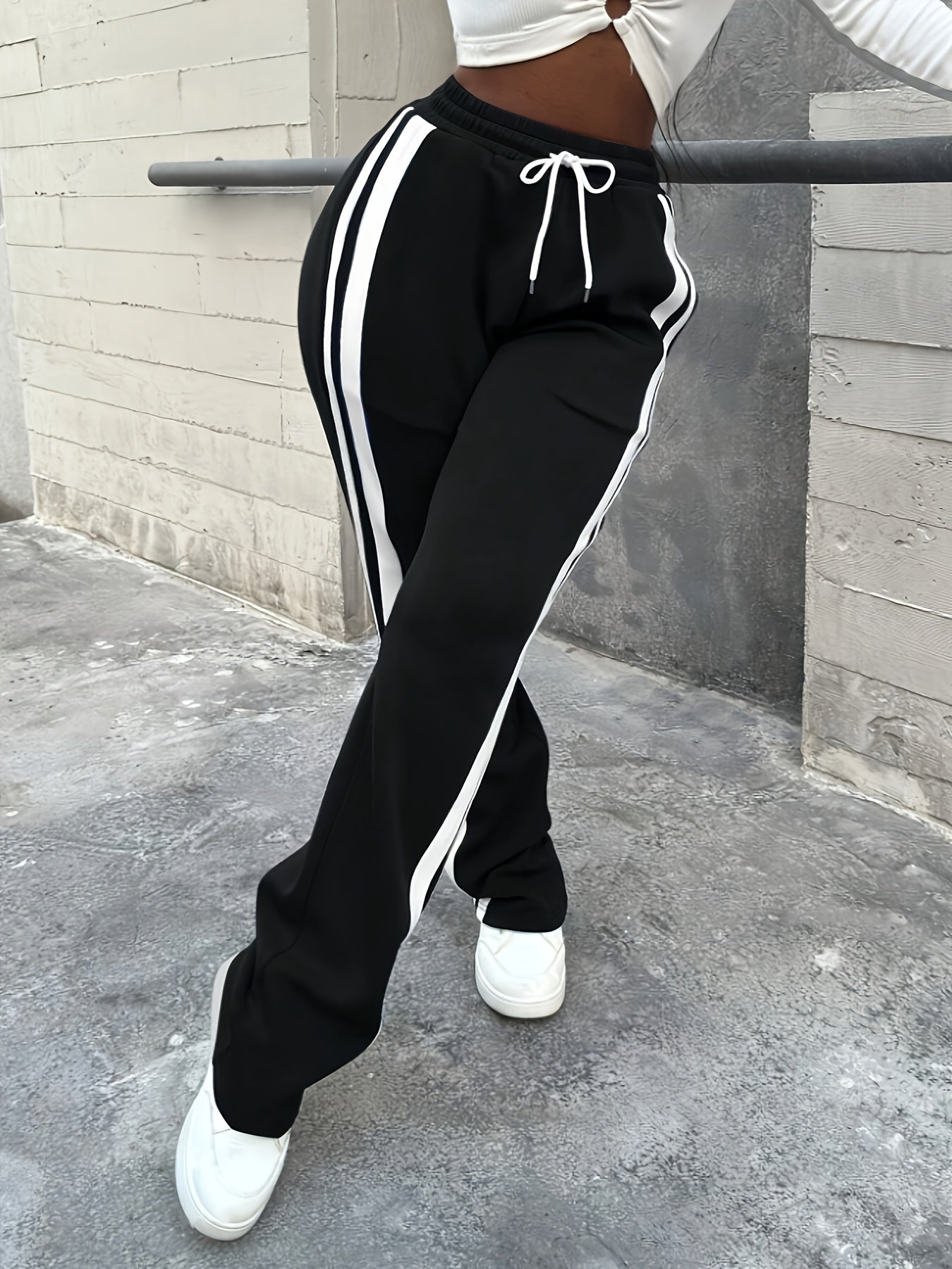 [Youthful Vibe] Women's High-Waisted Straight Leg Casual Pants with Side Stripe - Black & White Polyester, Machine Washable, All-Season Comfort, Drawstring Waistband