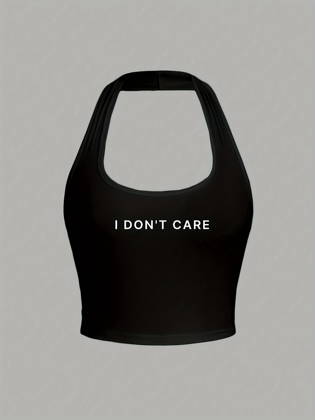 Women'S Casual Halterneck Tank Top, "I Don't Care" Letter Print, Summer Knit Fabric, Solid Color, Backless Design, Polyester 95% Elastane 5%, Lightweight 180g/m²