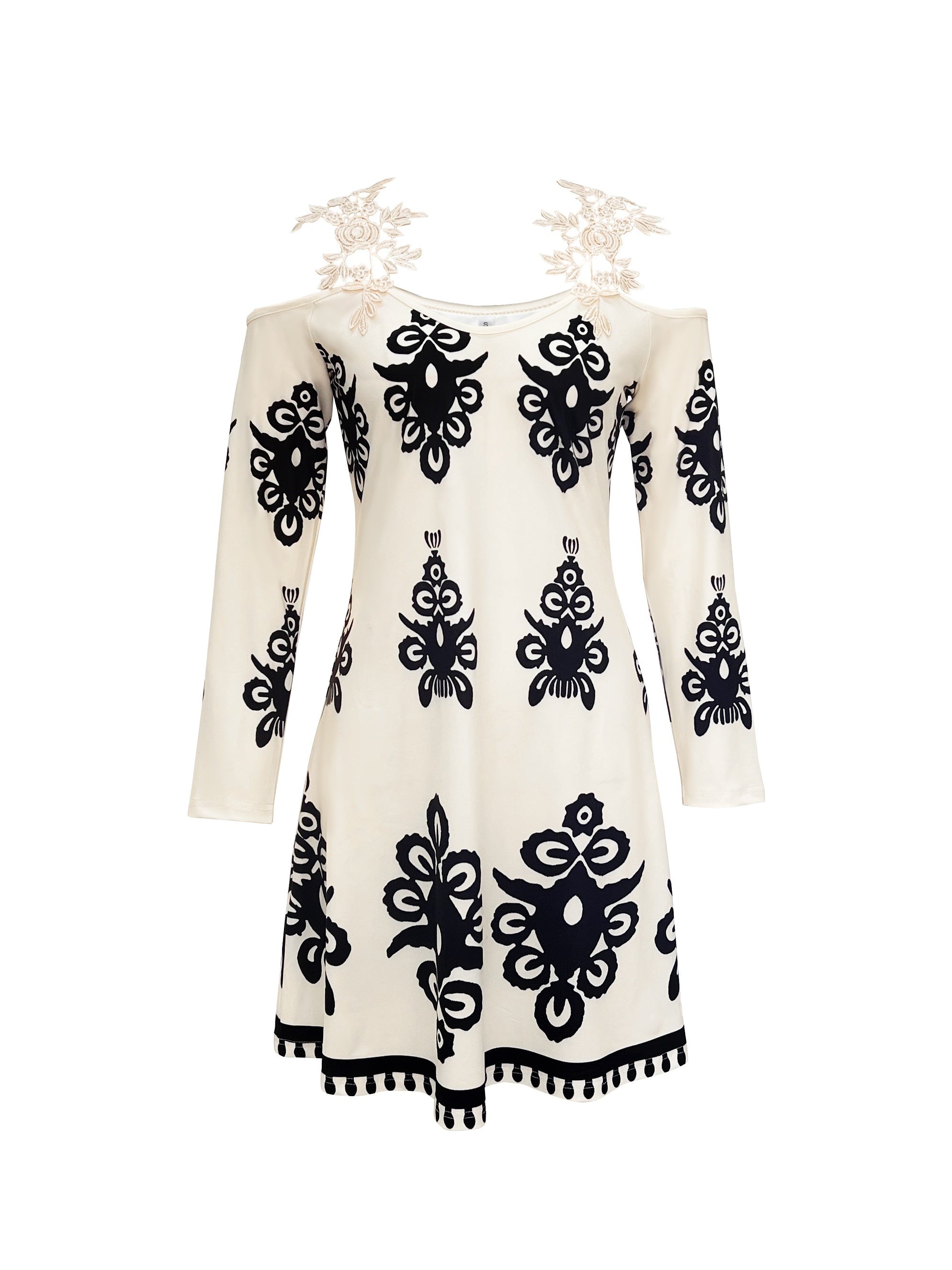 Elegant Off-Shoulder Printed A-Line Dress - Dacron and Spandex Blend, Polyester 95%, Elastane 5%, Knit Fabric - For All Seasons - For Women - Perfect for Parties, Weddings & Casual Occasions - Great Gift for Her