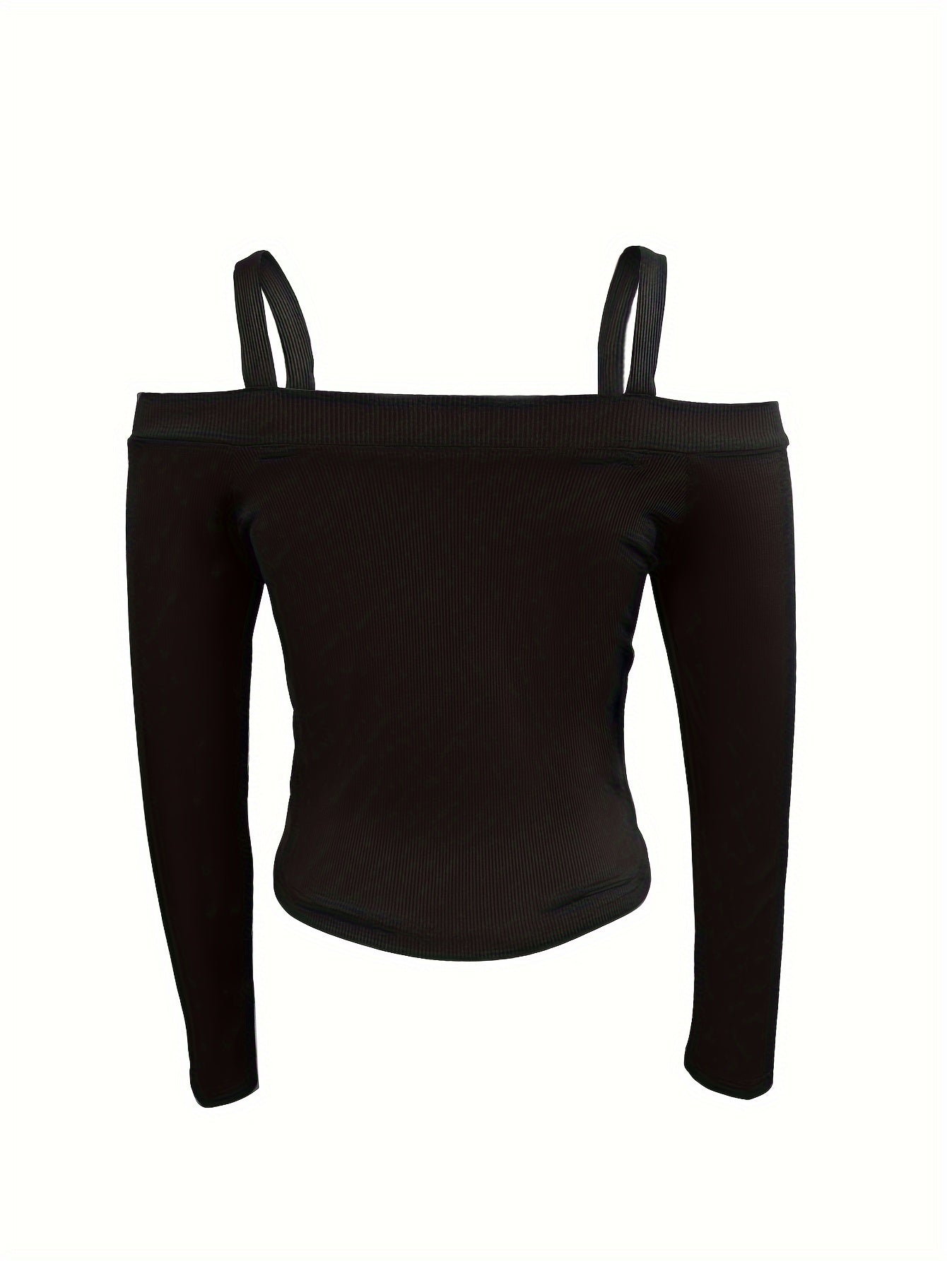 Women's Casual Fashion Long Sleeve T-Shirt with Ribbed Strap Detail, Polyester Knit Fabric, Square Neckline, Solid Color, Regular Length - Perfect for Fall/Winter Vacation Style