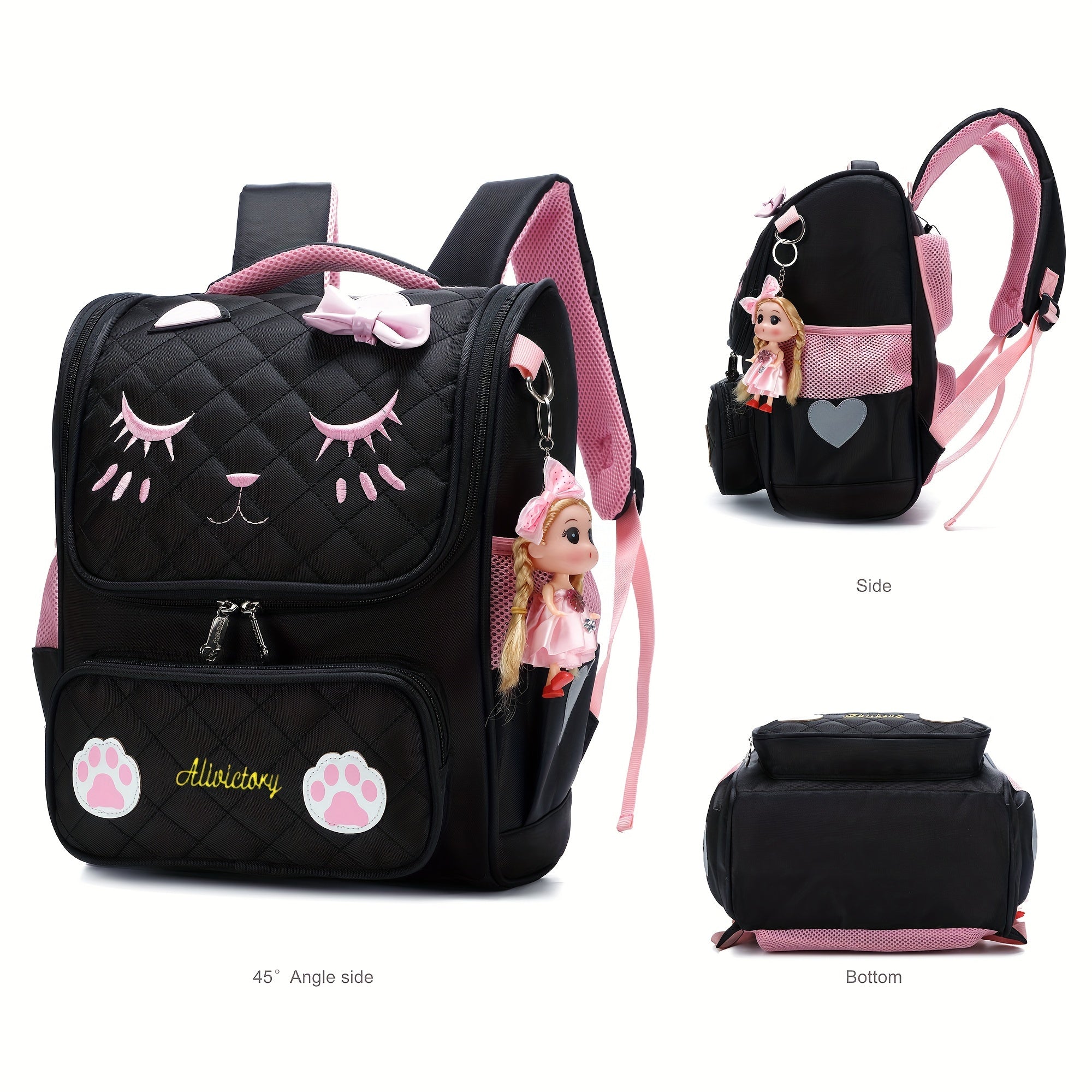 2pcs College Backpack with Lunch Bag Women's Backpack, Cute Backpack, Women's Bag, Cat Bag, Travel Backpack-Black