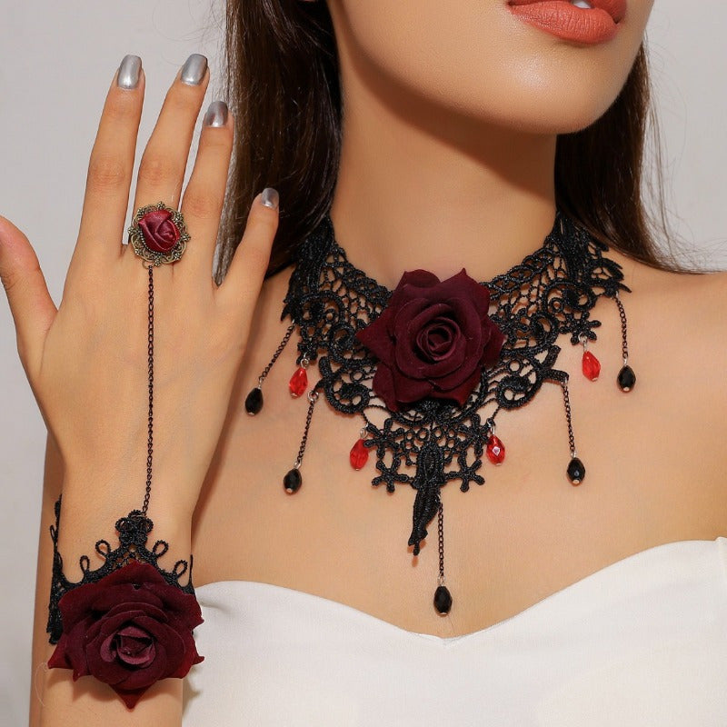 Gothic Lace Choker and Ring Bracelet Set, 2pcs Black Rose Handmade Vintage Necklace Bracelet Combo for Women, Elegant Polyester Fiber Costume Jewelry for Halloween, Parties, and Cosplay Events