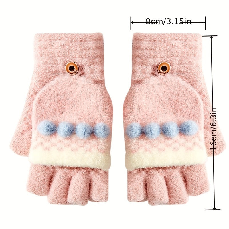 Cute Sweet Jacquard Convertible Mittens Short Thick Warm Half Finger Knit Gloves Autumn Winter Coldproof Windproof Touchscreen Gloves