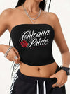Women'S Casual With Creative Pattern Crop Tube Top - Stretchy Polyester Blend, Machine Washable, Unique 'Chicana Pride' Letter & Rose Graphic Graphic Print, Perfect For Spring & Summer Wear Or Casual Attire