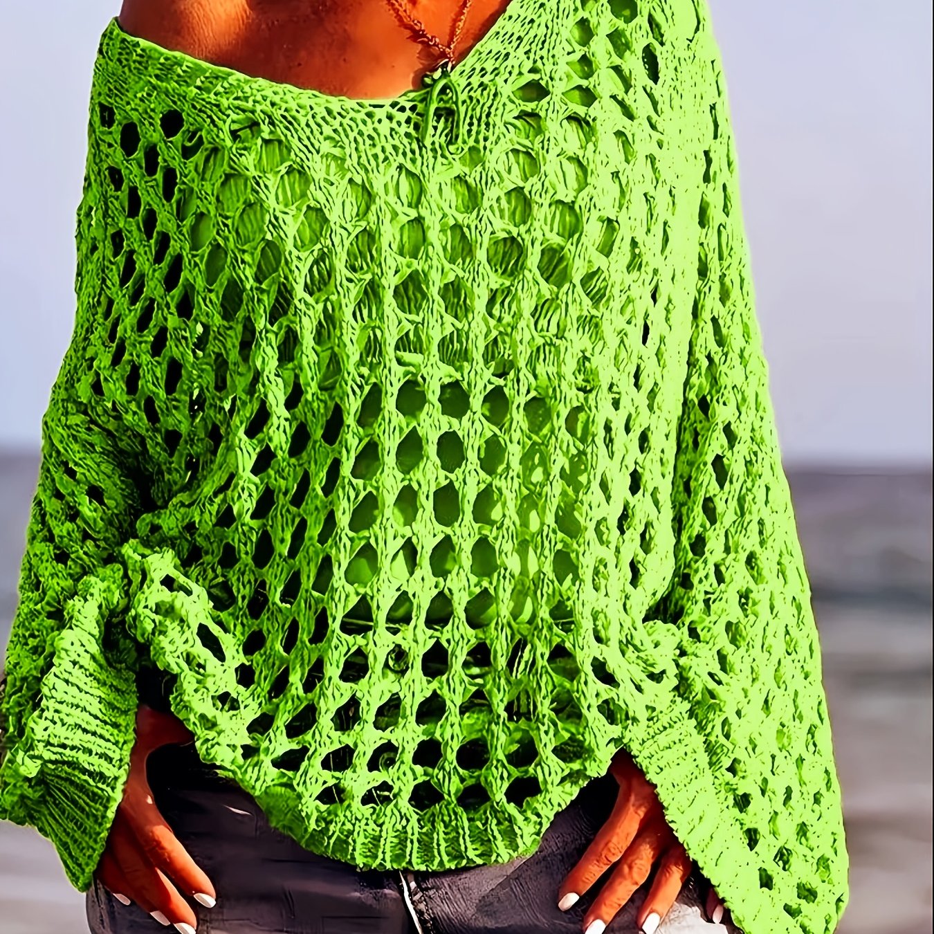 [Beach-Ready] Women's Crochet Knit Top | Long Sleeve | Polyester | Breathable | Casual | Spring & Summer