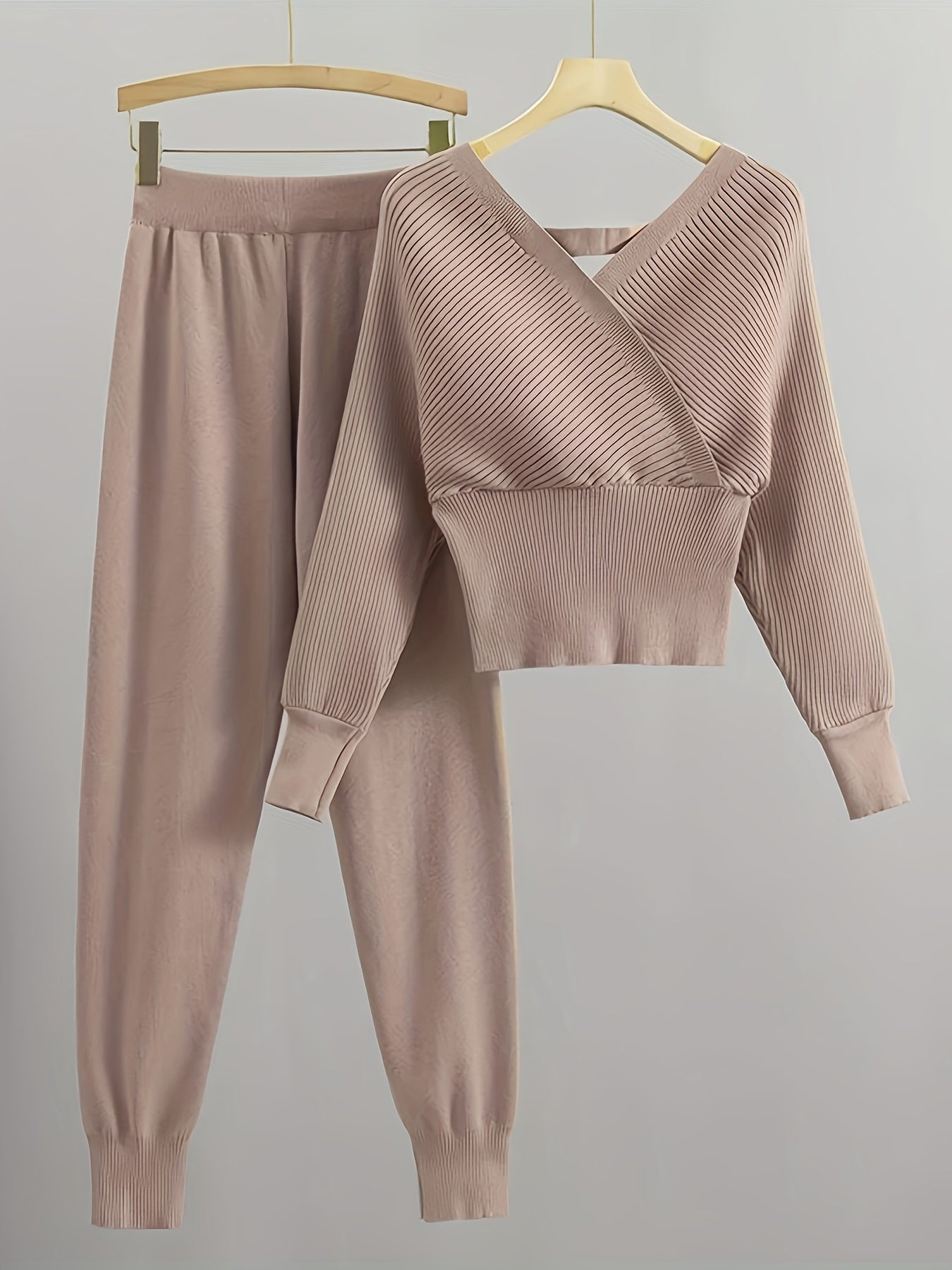 Solid Color V-Neck Exposed Shoulder Slimming Waist Knitted Two-Piece Set with Tie Rope Long Pants for Women