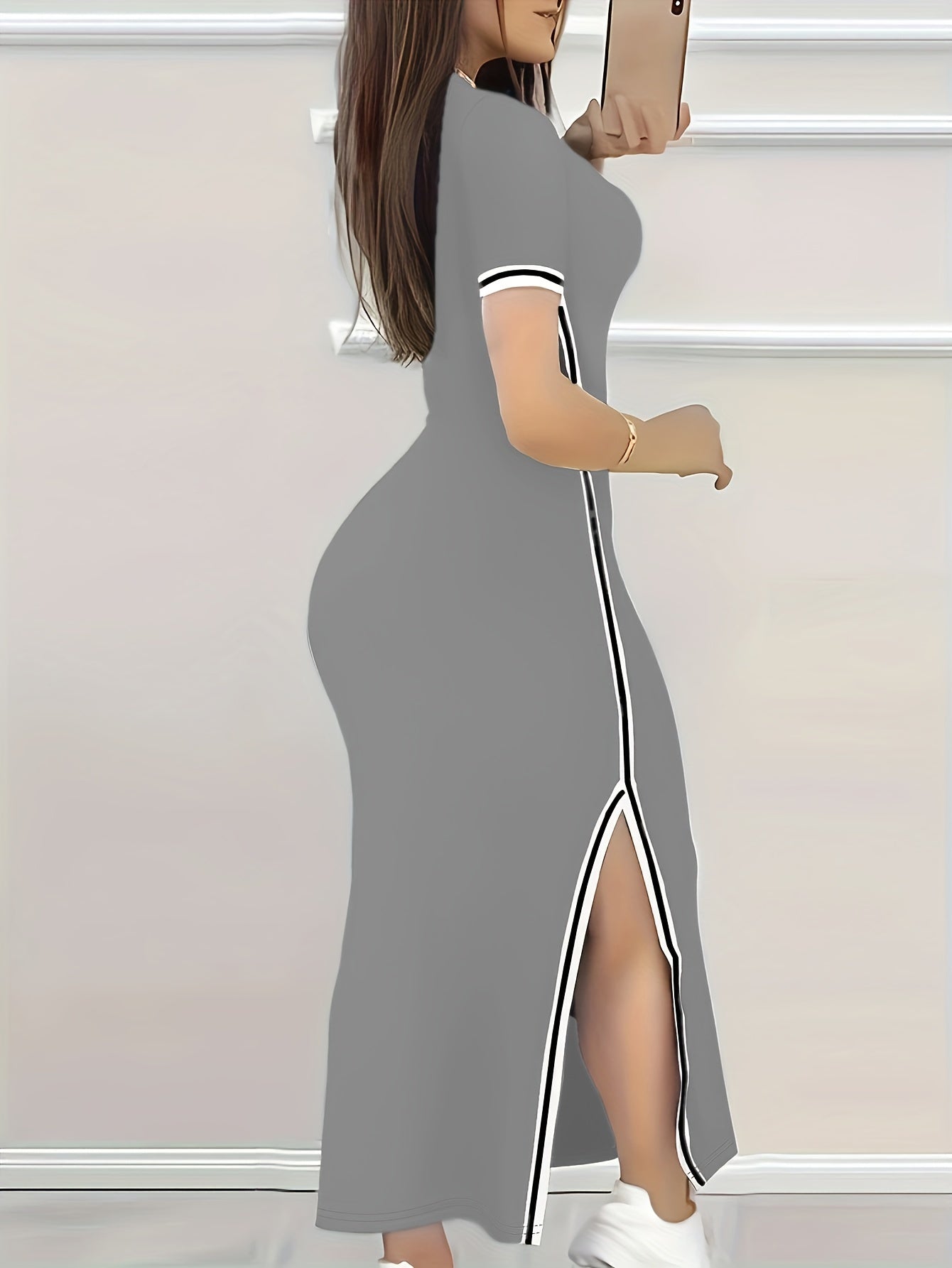 Women's Contrast Trim Split Hem Bodycon Dress - Elegant Crew Neck Short Sleeve Dress For Spring & Summer - For Women - Perfect for Parties & Casual Occasions - Stylish Gift for Fashionable Ladies