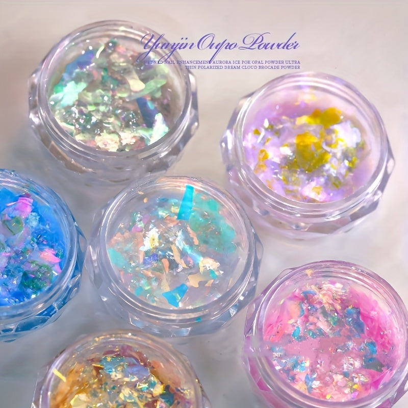 1 Box of Aurora Opal Glitter Flakes, 5 Colors Dreamy Cloud Brocade Nail Art Flakes, Shimmering Iridescent Holographic Sparkle Sequins for DIY Nail Design