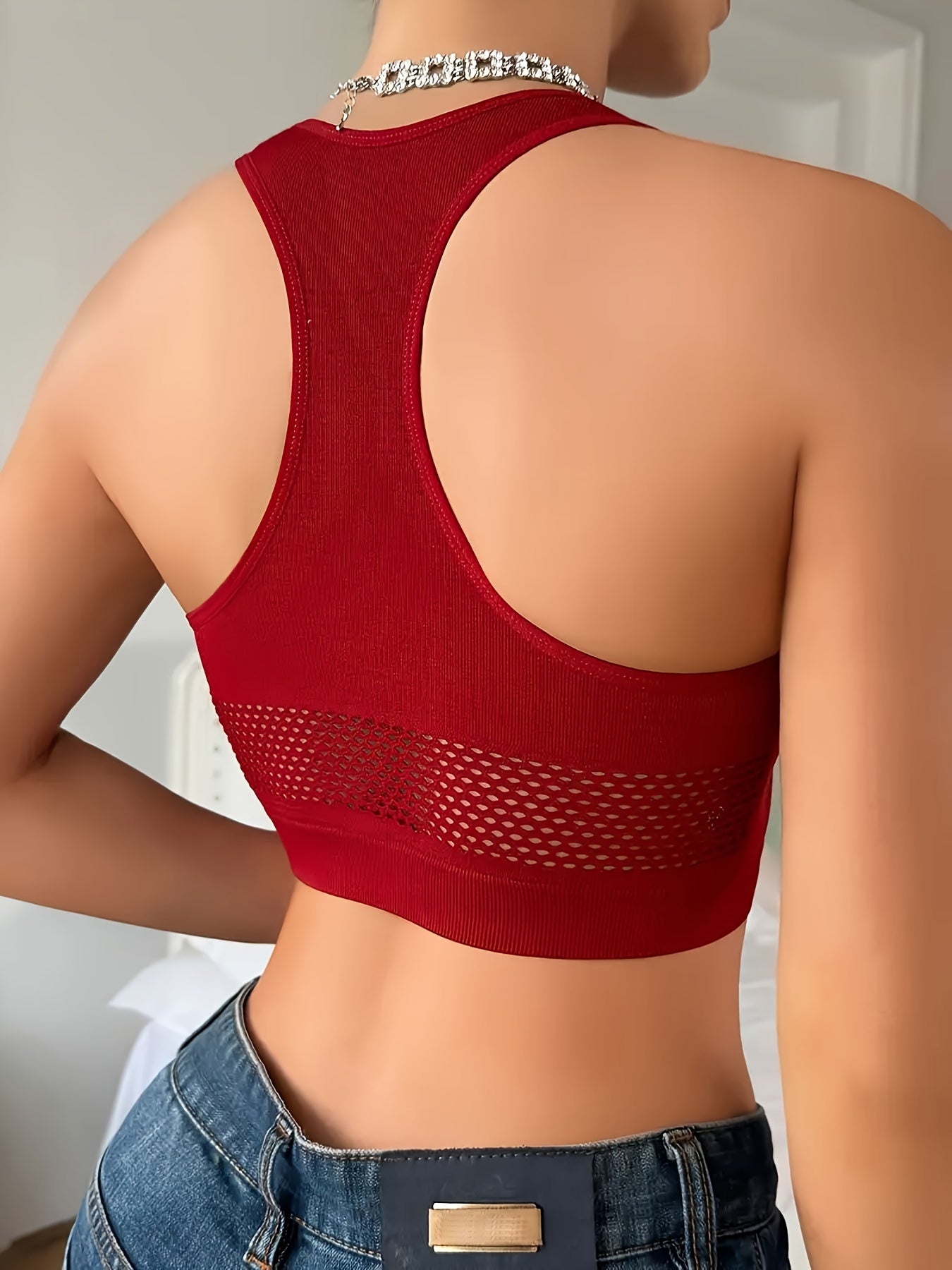 Mesh Contrast Racer Back Hollow Out Crop Top, Casual Crew Neck Sleeveless Cropped Tank Top, Women's Lingerie & Underwear