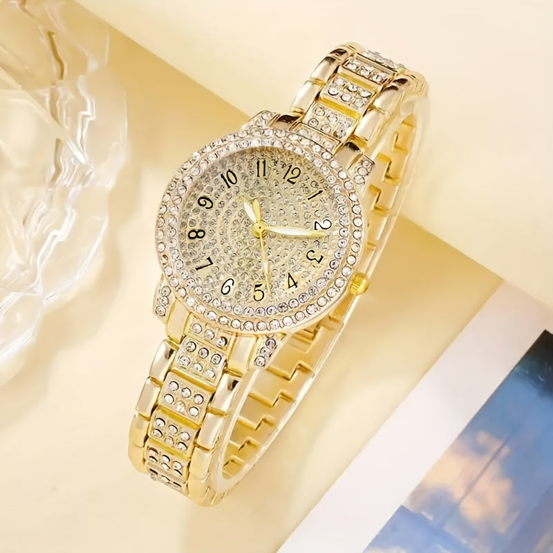 6pcs Elegant Women's Quartz Watch and Golden Jewelry Set - Sparkling Crystal Embellished Timepiece with Stainless Steel Band & Rings, Necklace, Earrings - Ideal for Valentine's Day, Easter, Ramadan, Birthdays,  Hallo