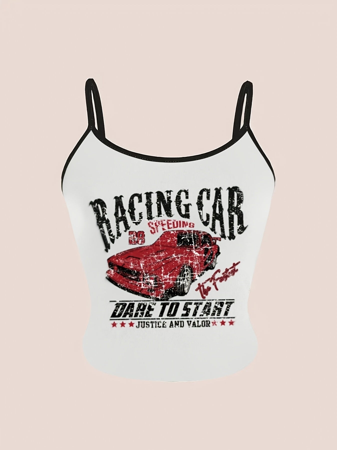 Y2K Style Racing Car Print Crop Top, Sleeveless Spaghetti Strap Tank Top for Women, Summer Letter & Symbol Design, Fashionable & Trendy, No Underwire, Y2K Fashion