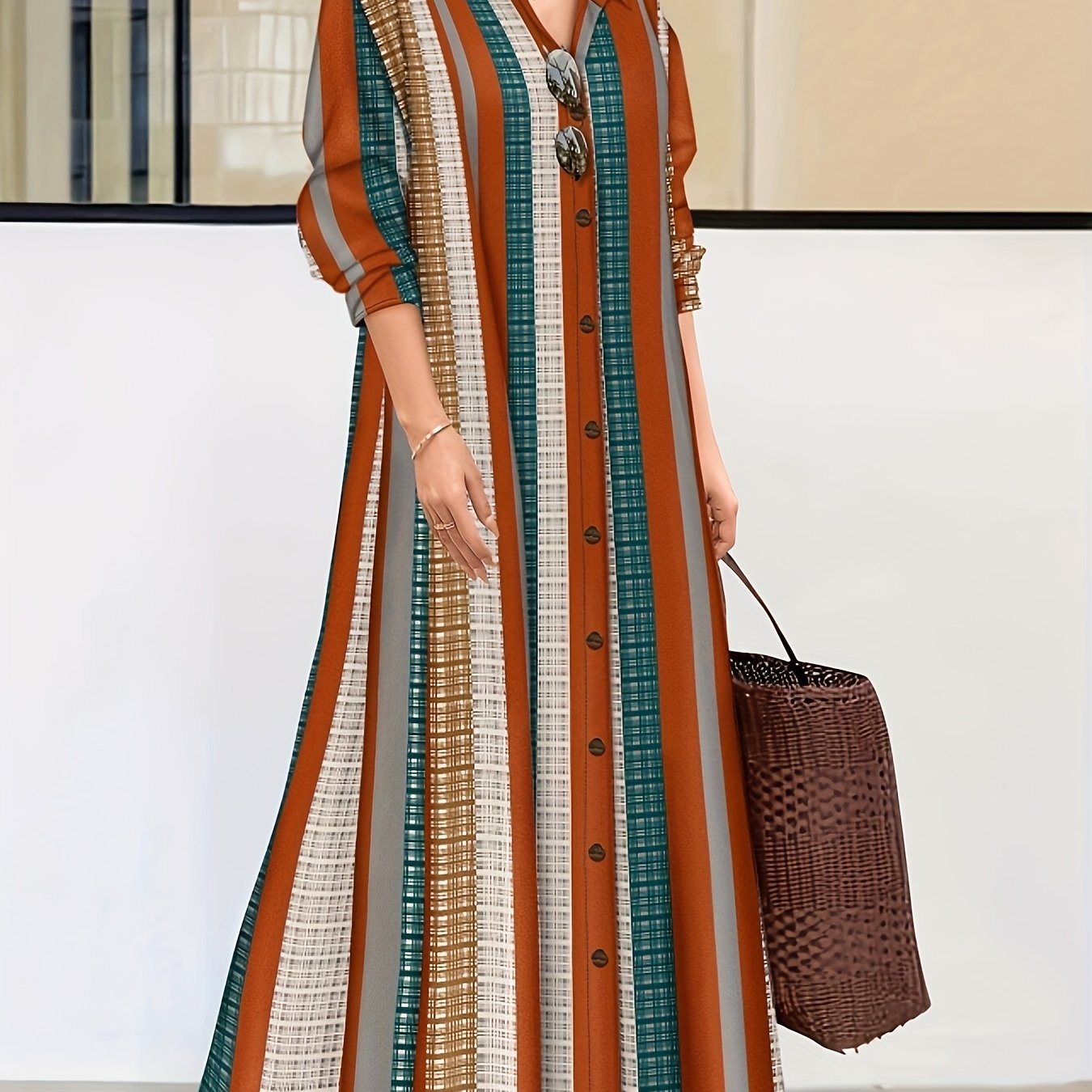 Elegant Women's Long Sleeve Geometric Color-Block Striped Shirt Dress - Front Button Closure, Machine Washable, All-Season Versatile Casual to Formal Wear