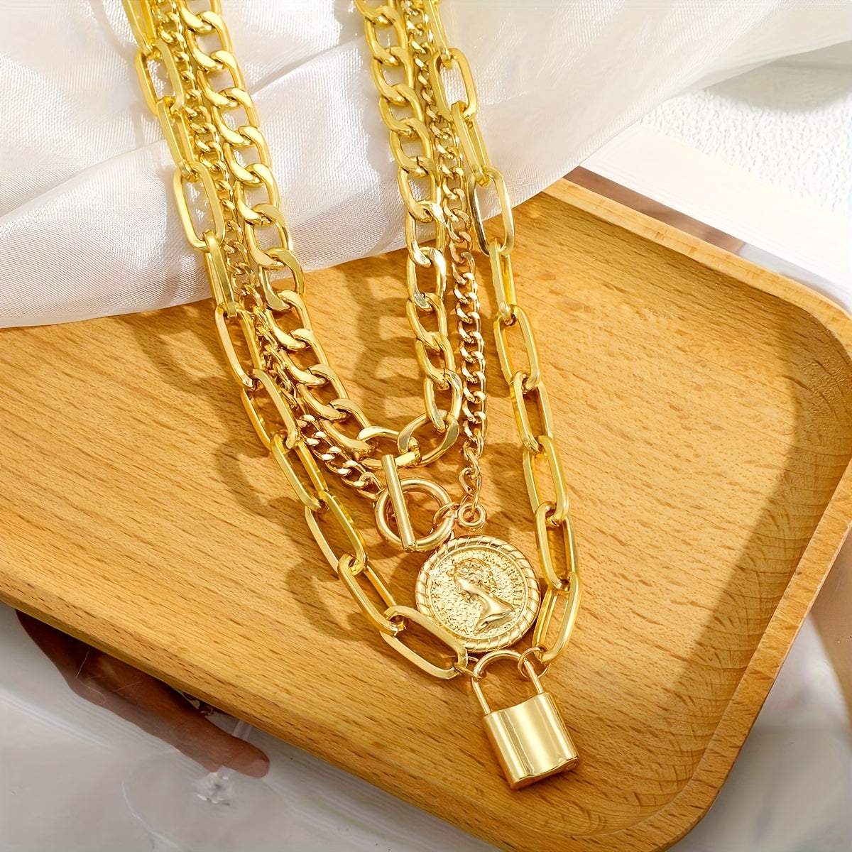 Luxury Golden Multilayer Cuban Chain Necklace with OT Clasp and Portrait Pendant - Women’s Punk Style Layered Jewelry for Casual Attire, Mother’s Day Gift, Pendant Necklace